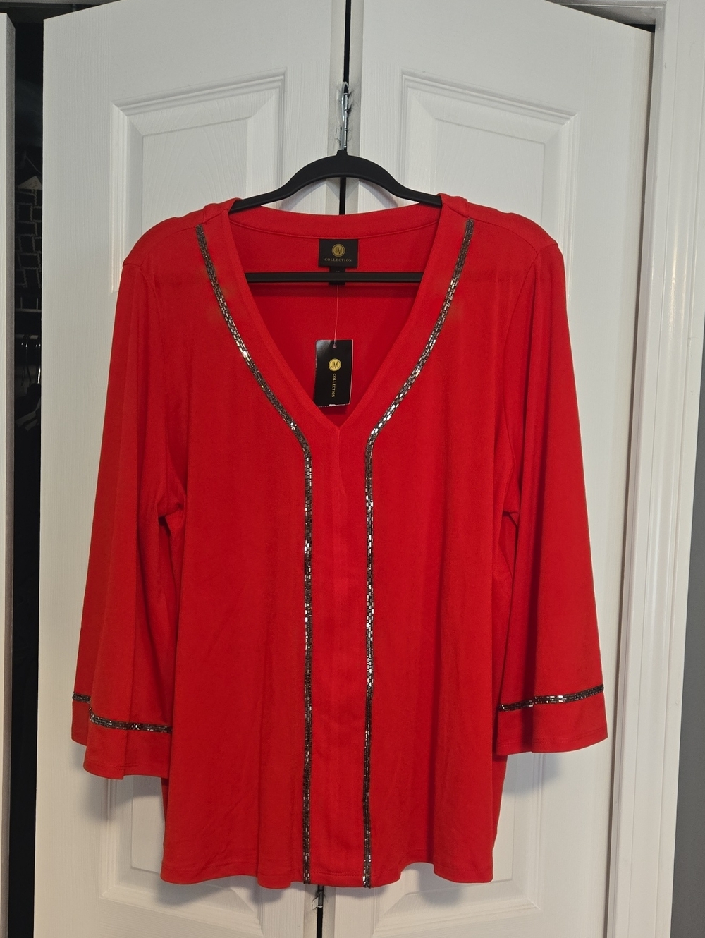 JM Collection Red V-Neck Tunic with Sequin Trim